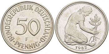 ФРГ 50 ПФЕННИГОВ 1982 F KM 109.2 J 384a медно-никель 3996-1015