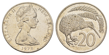 Новая Зеландия 20 центов 1978 Елизавета II (1952-2022), птичка киви KM 36 медно-никель 89-144