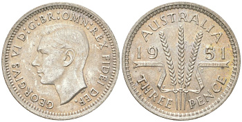 Австралия 3 пенса 1951 PL, Георг V (1936-1952) KM 44 серебро 4621-1226