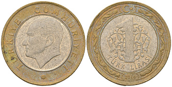 Турция 1 лира 2014 KM 1244 биметалл 4610-1157