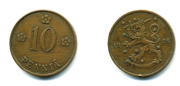 Финляндия 10 пенни 1924 республика (1918-1962) KM 24 медь 46-916