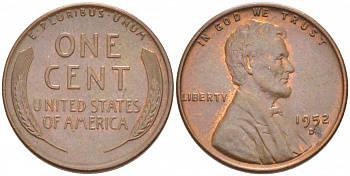 США 1 ЦЕНТ 1952 D ЛИНКОЛЬН KM А132 медь цинк UNC 3309-236