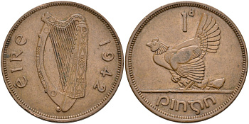 Ирландия 1 пенни 1942 курица с цыплятами KM 11 бронза 88-826