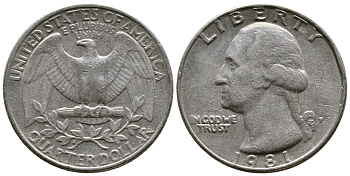 США 25 ЦЕНТОВ = КВОТЕР 1981 Р, ВАШИНГТОН КМ А164а медь плакированная медно-никелем 56-1211