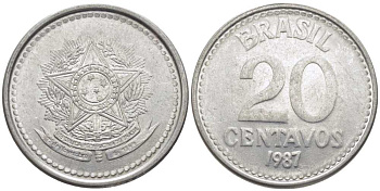 Бразилия 20 сентаво 1987 герб KM 603, Schon 112 нержавеющая сталь 112-862