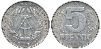 ГДР 5 ПФЕННИГОВ 1975 A KM 9.1 алюминий 62-322