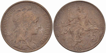 ФРАНЦИЯ 5 САНТИМОВ 1910 ТИП ДАНИЭЛЬ ДЮПЮИ KM 842, LE FRANC 119.22 бронза 108-923