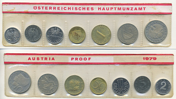 Австрия набор из 7 монет  1979  2, 5, 10, 50 грошей, 1, 5, 10 шиллингов, в целлофане KM PS 39 PROOF 4400-6-1
