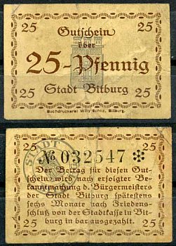 Германия, Битбург 25 пфеннигов ND нотгельд Tieste 0705/10 бумага 8614-43-1-1