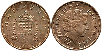 Великобритания 1 пенни 1999 Елизавета II (1952-2022) KM 986, Spink 4710 (B5) сталь плакированная медью 4382-1151