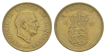 Дания 1 крона 1952 N, Фредерик IX (1947-1972) KM 837 алюминиевая бронза 4638-727