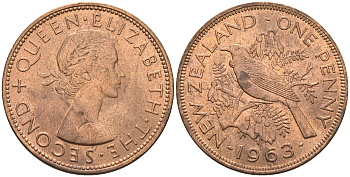 Новая Зеландия 1 пенс 1963 Елизавета II (1952-2022), новозеландский туи KM 24.2 бронза  aUNC  4367-831