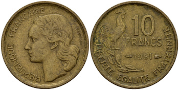 Франция 10 франков 1951 B, петух KM 915.2, Le Franc 363.5 алюминиевая бронза 4159-917