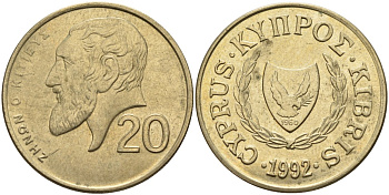 Кипр 20 центов 1992 KM 62.2 никель латунь 4140-824