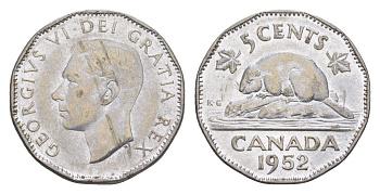 Канада 5 центов 1952 бобр Dot, Георг VI (1936-1952) KM 42a хромированная сталь aUNC 4651-338