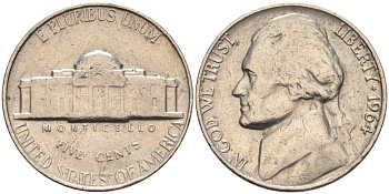 США 5 центов 1964 Джефферсон KM А192 медно-никель 4126-925