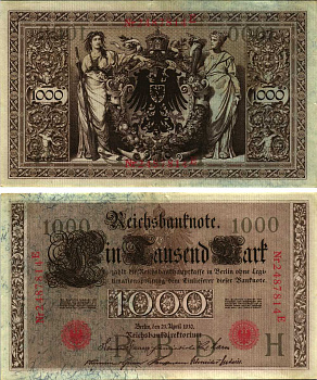 ГЕРМАНИЯ 1000 МАРОК 1910 21 АПРЕЛЯ 1910, СЕМИЗНАЧНЫЙ НОМЕР, СЕРИЯ E Pick 44b бумага 8610-27-1