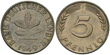 ФРГ 5 пфеннигов 1949 J KM 102, J.377 сталь плакированная латунью 4576-1021