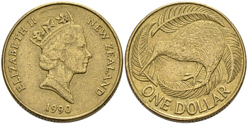Новая Зеландия 1 доллар 1990 Елизавета II (1952-2022), птица киви KM 78 алюминиевая бронза 29-317