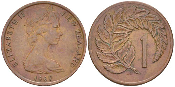 Новая Зеландия 1 цент 1967 Елизавета II (1952-2022), лист папоротника KM 31.1 бронза 218-1054