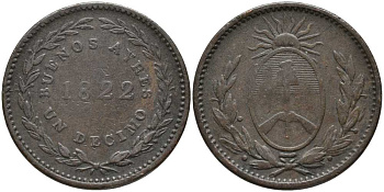 Аргентина, Буэнос-Айрес 1 десимо 1822 провинциальный выпуск Буэнос-Айреса KM 1 медь 113-727