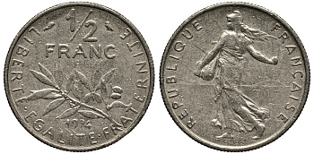 ФРАНЦИЯ 1/2 ФРАНКА 1974 СЕЯТЕЛЬ KM 931.1, LE FRANC 198.13 никель 4390-745