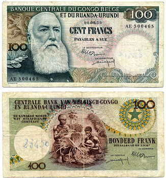 Бельгийское Конго 100 франков 1959 1 сентября 1959, подписи Gouverneur & Directeur Pick 33b бумага 451-267-2