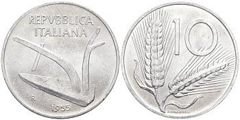Италия 10 лир 1955 R, КОЛОС, плуг KM 93 алюминий 4519-932