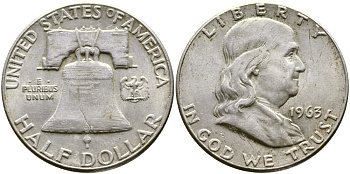 США 1/2 ДОЛЛАРА ( 50 ЦЕНТОВ ) 1963 ФРАНКЛИН, КОЛОКОЛ KM 199 серебро 00-00