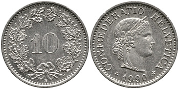 ШВЕЙЦАРИЯ 10 РАППЕНОВ 1990 В KM 27 медно-никель 4539-532