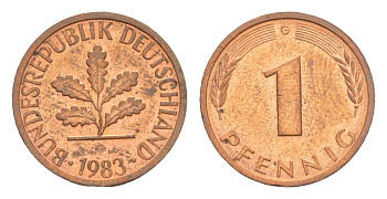 ФРГ 1 пфенниг 1983 G KM 105, J.380 сталь плакированная медью aUNC 4630-1138