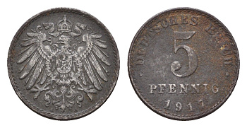 Германия 5 пфеннигов 1917 A KM 19, Jager 297, Weege 5 железо 4674-818