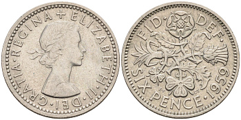 Великобритания 6 пенсов 1959 Елизавета II (1952-2022) KM 903, Spink 4149 медно-никель 4588-1238