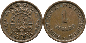 Португальская Ангола 1 эскудо 1965 KM 76 бронза 33-951