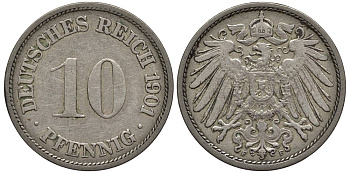 Германия 10 пфеннигов 1901 F KM 12, Jager 13, Weege 8 медно-никель 219-342