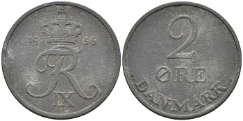 Дания 2 эре 1956 C;S, Фредерик IX (1947-1972) KM 840.2 цинк 190-945