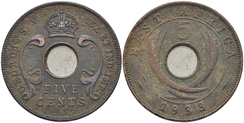 Британская Восточная Африка 5 центов 1933 Георг V (1910-1936) KM 18 бронза 117-457