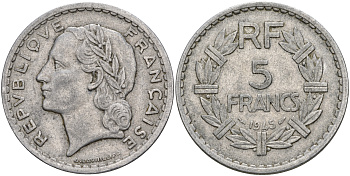 Франция 5 франков 1945 тип Лаврийе, Open 9 KM 888b.1, Le Franc 339.3 алюминий  59-213