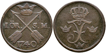 Швеция 1 эре 1740 S.M. Фредерик I (1720-1751) KM 416.1 медь 41-222