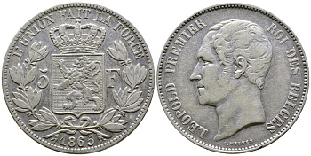 Бельгия 5 франков 1865 Леопольд I (1831-1865) KM 17 серебро 00-1067-5-62