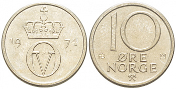 Норвегия 10 эре 1974 Улаф V (1958-1991) KM 416 медно-никель 3955-233