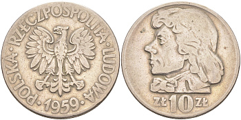 Польша 10 злотых 1959 MW, Тадеуш Костюшко, первый год KM 50 медно-никель 4111-231