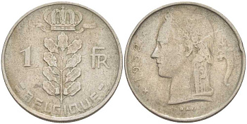 БЕЛЬГИЯ 1 ФРАНК 1952 BELGIQUE KM 142.1 медно-никель 95-525