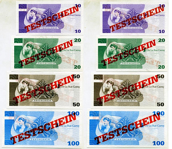 АНГЛИЯ НАБОР ИЗ 7 БАНКНОТ ND ( 10, 20, 50, 100, 200, 500, 1000) TESTSCHEIN, DE LA RUE GARNY, С КРАСНОЙ НАДПЕСАТКОЙ ПО ДИАГОНАЛИ бумага UNC (ПРЕСС) 7146-38-1-1