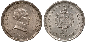 Уругвай 25 сентесимо 1960 KM 40 медно-никель 4169-1023