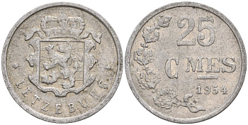 Люксембург 25 сантимов 1954 Герцог Жан (1964-1999) KM 45a алюминий 4596-839