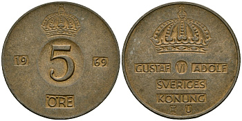 Швеция 5 эре 1969 Густав VI Адольф (1950-1973) KM 822 бронза 4137-414