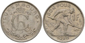 Люксембург 1 франк 1928 сталевар, Шарлотта (1918-1964) KM 35 никель 4603-1052