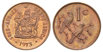 ЮАР 1 цент 1973 герб, капские воробьи KM 82 бронза UNC 4696-923