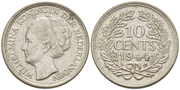 Нидерланды 10 центов 1944 Вильгельмина (1890-1948) KM 163 серебро aUNC 4392-1257